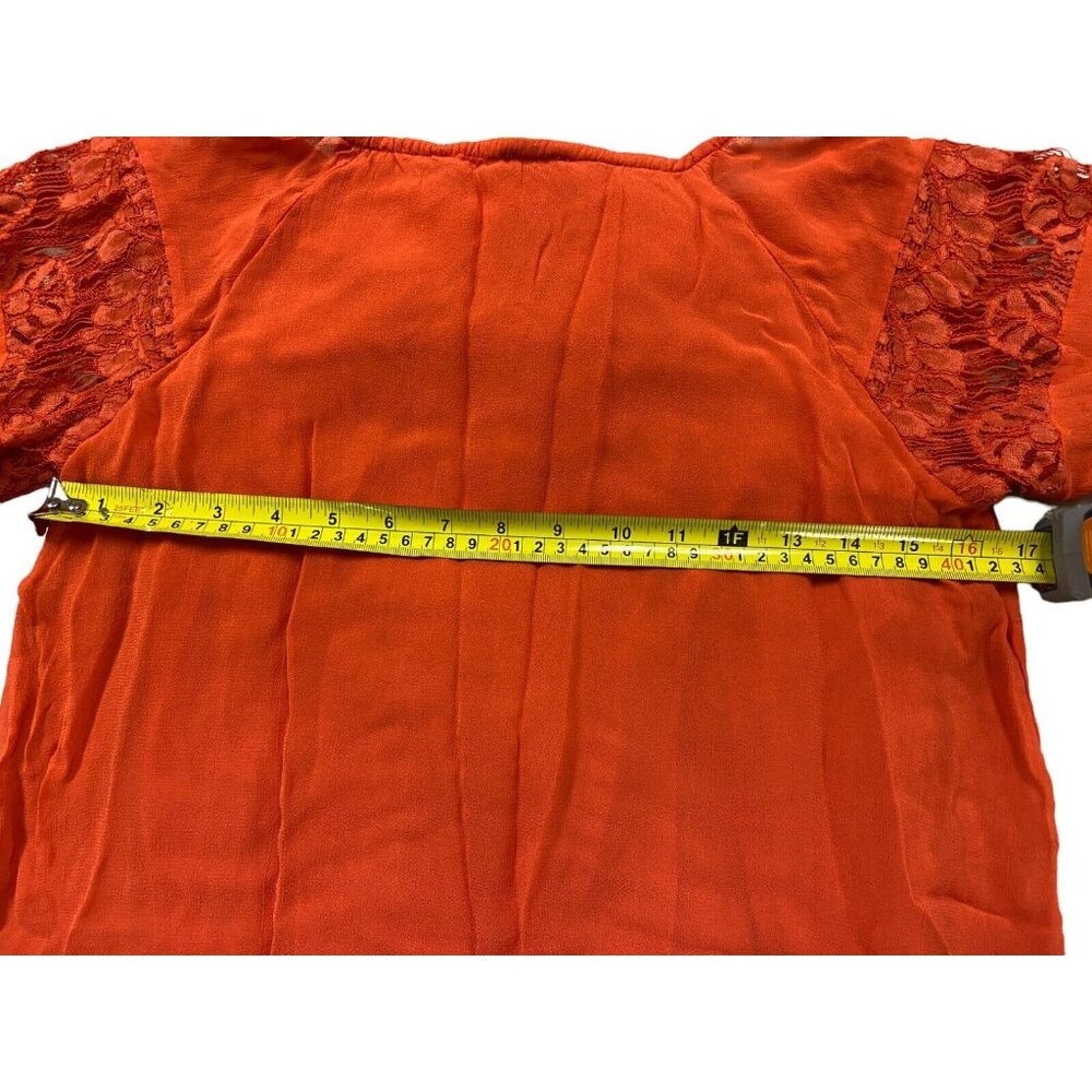 Chico's Top Womens 0 Red 3/4 Sleeve Embroidered Tunic Blouse Tie Neck Pullover - Picture 5 of 6